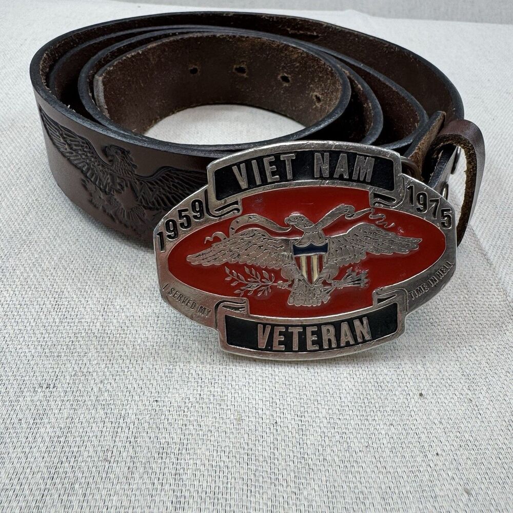 Vietnam Veteran 1959-1975 Leather Belt VFW Eagle Buckle Made in USA Size 52